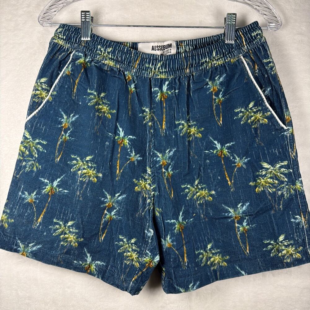 AussieBum Men’s Rivera Corduroy Shorts Tropical Small Palm Tree Blue 5” Beach